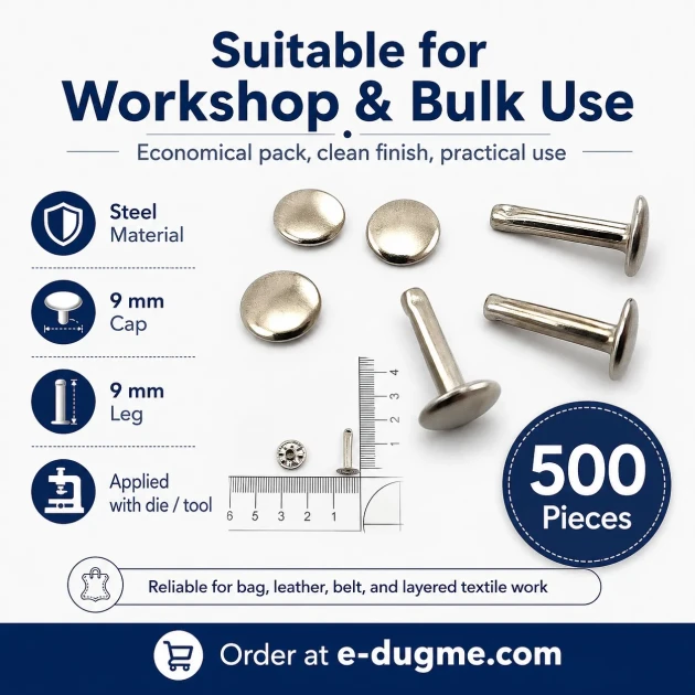 Double Cap Long Post Rivet 9 mm (0.35") Cap and 9 mm (0.35") Post Steel for strong fastening in leather and textile
