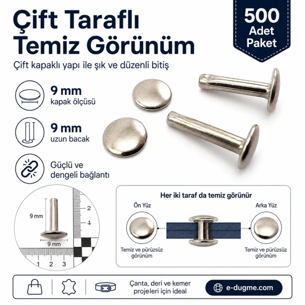 Double Cap Long Post Rivet 9 mm (0.35") Cap and 9 mm (0.35") Post Steel for strong fastening in leather and textile