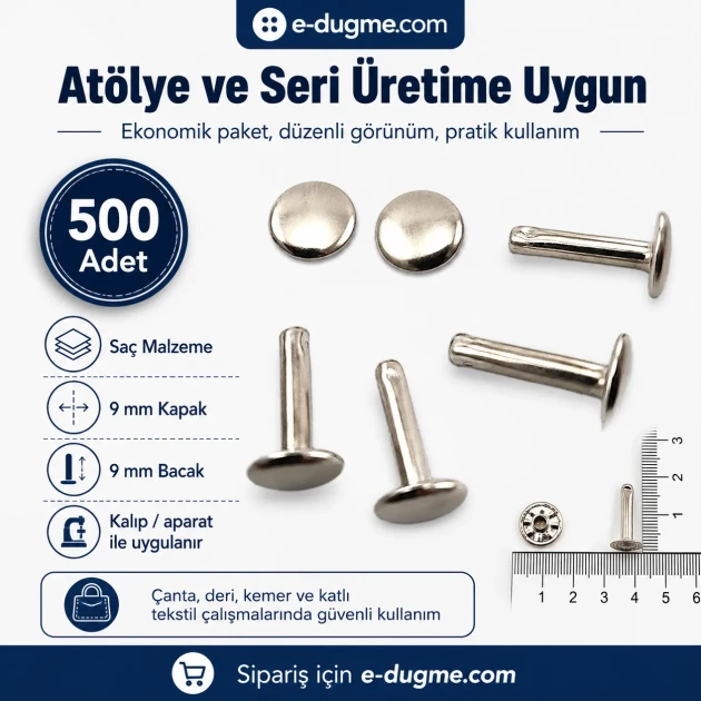 Double Cap Long Post Rivet 9 mm (0.35") Cap and 9 mm (0.35") Post Steel for strong fastening in leather and textile