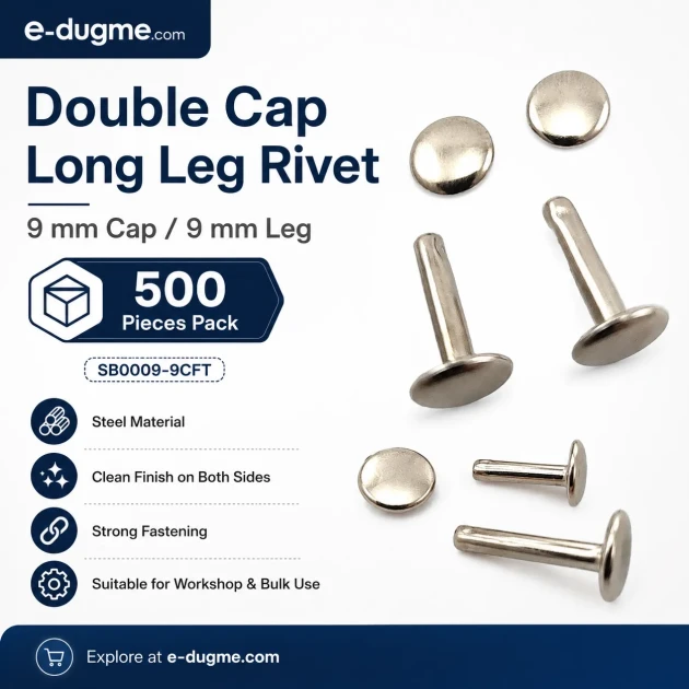 Double Cap Long Post Rivet 9 mm (0.35") Cap and 9 mm (0.35") Post Steel for strong fastening in leather and textile