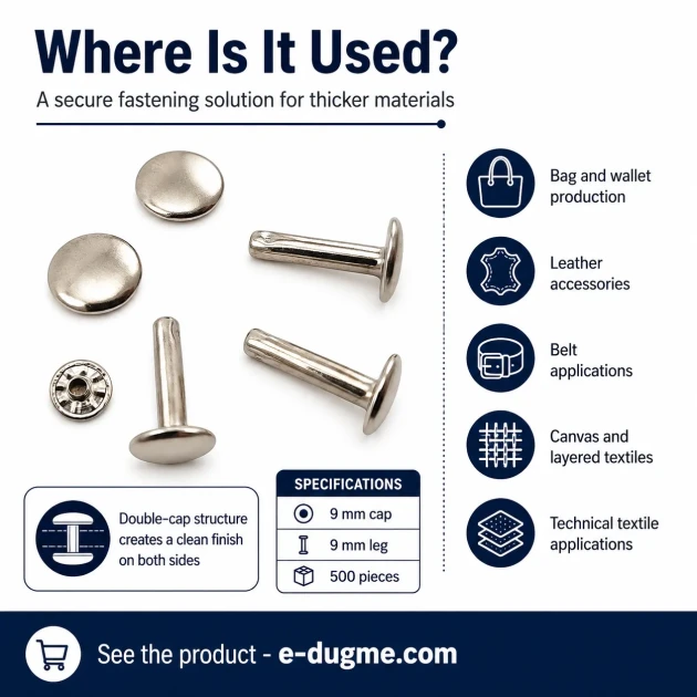 Double Cap Long Post Rivet 9 mm (0.35") Cap and 9 mm (0.35") Post Steel for strong fastening in leather and textile