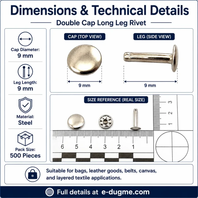 Double Cap Long Post Rivet 9 mm (0.35") Cap and 9 mm (0.35") Post Steel for strong fastening in leather and textile