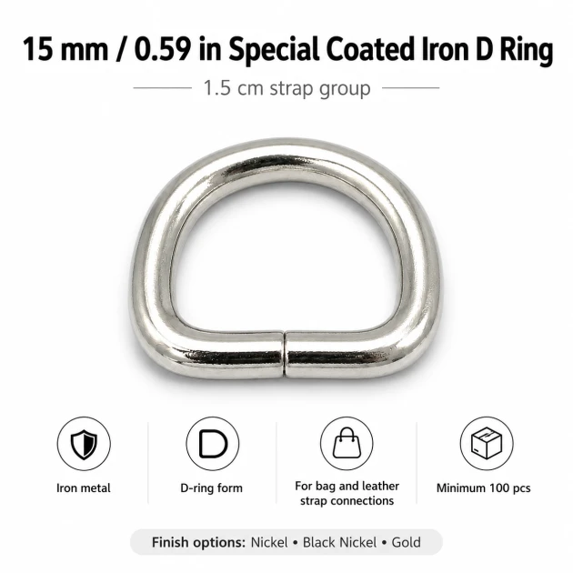 1.5 cm / 15 mm / 0.59 in Special Coated Iron D Ring Buckle S 3544 for bag straps and textile applications