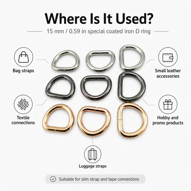 1.5 cm / 15 mm / 0.59 in Special Coated Iron D Ring Buckle S 3544 for bag straps and textile applications