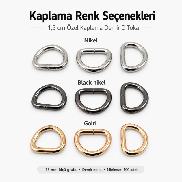 1.5 cm / 15 mm / 0.59 in Special Coated Iron D Ring Buckle S 3544 for bag straps and textile applications