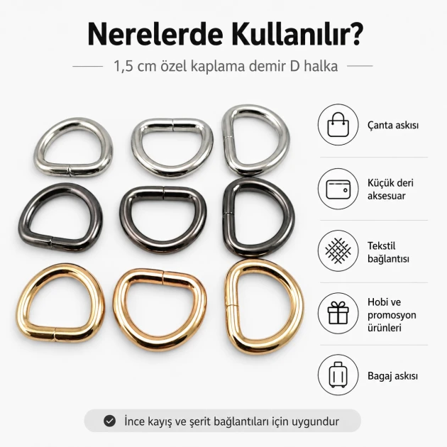 1.5 cm / 15 mm / 0.59 in Special Coated Iron D Ring Buckle S 3544 for bag straps and textile applications