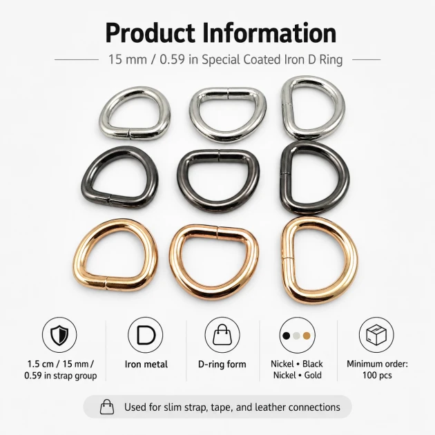 1.5 cm / 15 mm / 0.59 in Special Coated Iron D Ring Buckle S 3544 for bag straps and textile applications