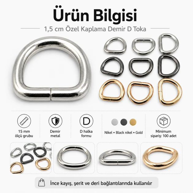 1.5 cm / 15 mm / 0.59 in Special Coated Iron D Ring Buckle S 3544 for bag straps and textile applications
