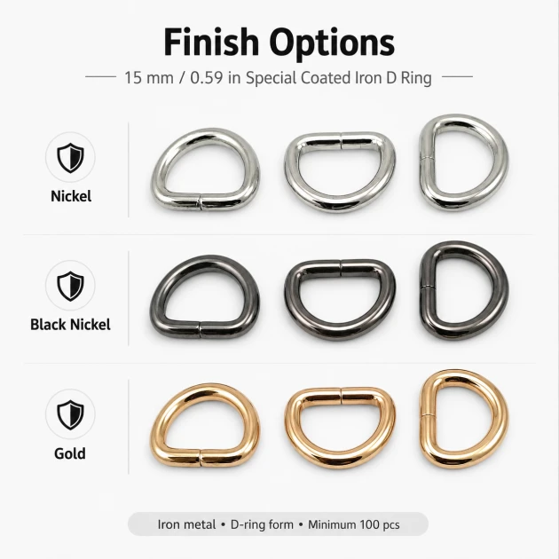 1.5 cm / 15 mm / 0.59 in Special Coated Iron D Ring Buckle S 3544 for bag straps and textile applications