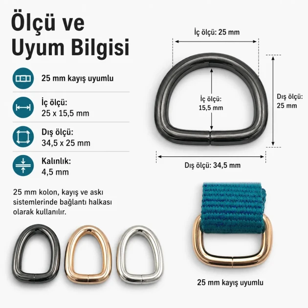 2.5 cm / 25 mm / 0.98 in Special Coated Iron D Ring for bags and accessories