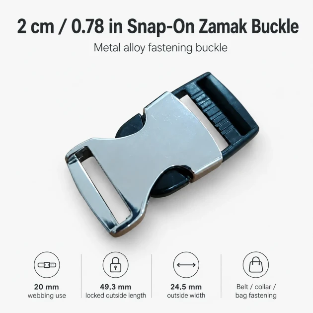 Bandolier Buckle 2 cm / 0.78 in Snap-On Zamak Buckle for Belts and Accessories