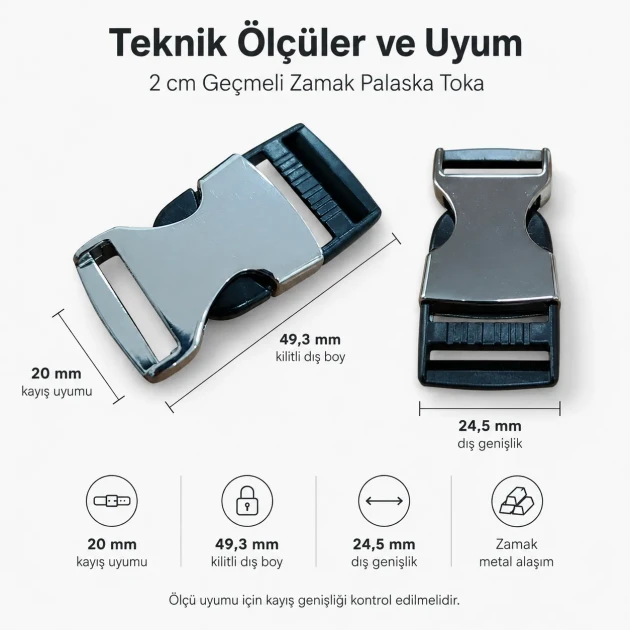 Bandolier Buckle 2 cm / 0.78 in Snap-On Zamak Buckle for Belts and Accessories