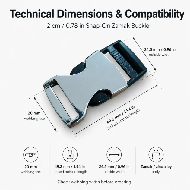 Bandolier Buckle 2 cm / 0.78 in Snap-On Zamak Buckle for Belts and Accessories