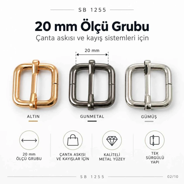 Metal Askı Ayar Tokası 2 cm Tek Sürgülü Özel Kaplama SB 1255, çanta ve aksesuarlar için ideal bağlantı aparatı