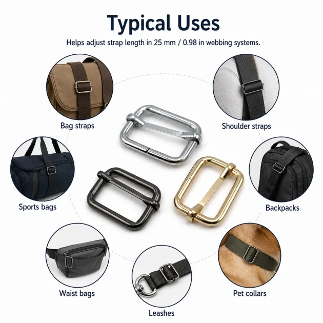 2.5 cm / 25 mm / 0.98 in Single Slide Metal Strap Adjuster Buckle SB 1261 for bag and accessory applications