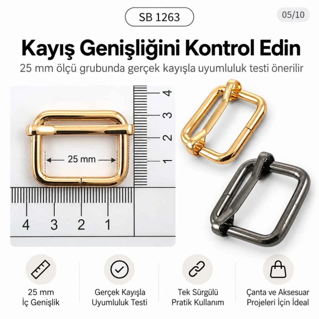 2,5 cm Metal Askı Ayar Tokası Tek Sürgülü Özel Kaplama, çanta ve kemer ayarlama için ideal