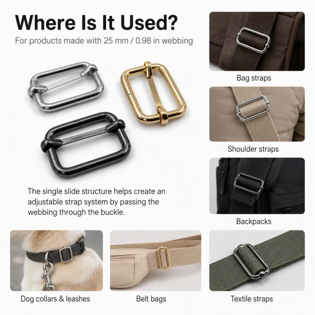 2.5 cm / 25 mm / 0.98 in Single Slide Metal Strap Adjuster Buckle for adjustable straps and webbing