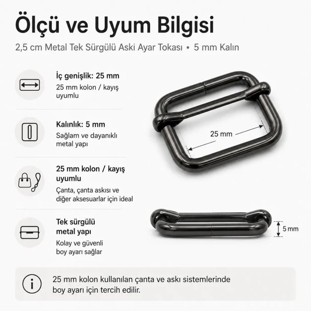 2.5 cm / 25 mm / 0.98 in Single Slide Metal Strap Adjuster Buckle for adjustable straps and webbing