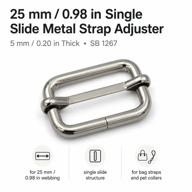 2.5 cm / 25 mm / 0.98 in Single Slide Metal Strap Adjuster Buckle for adjustable straps and webbing