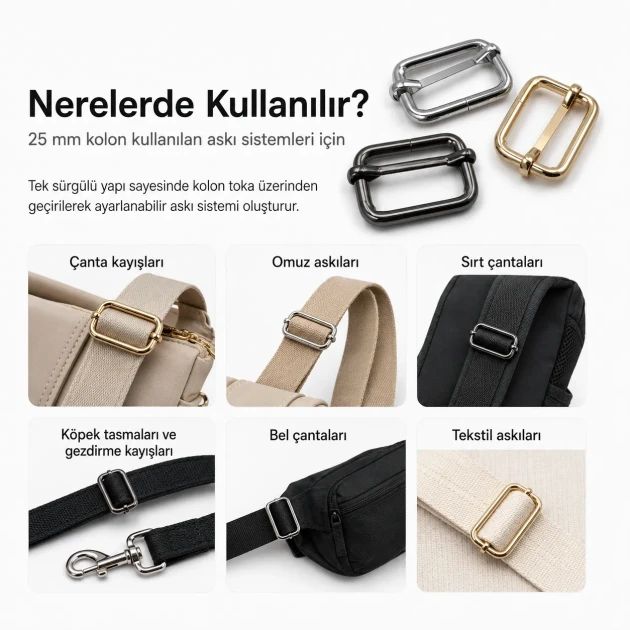 2.5 cm / 25 mm / 0.98 in Single Slide Metal Strap Adjuster Buckle for adjustable straps and webbing