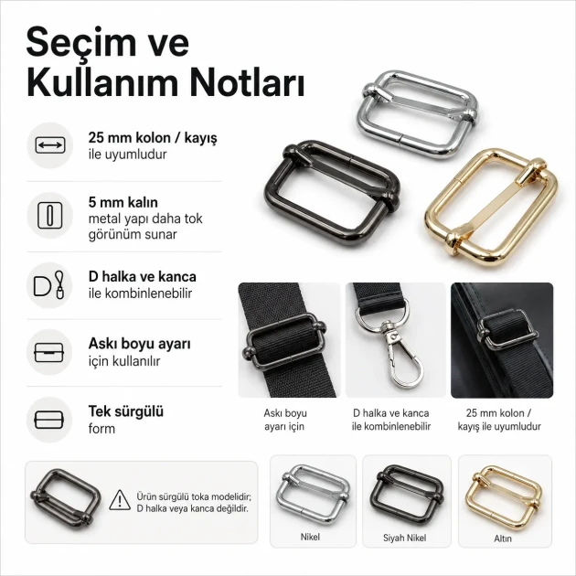 2.5 cm / 25 mm / 0.98 in Single Slide Metal Strap Adjuster Buckle for adjustable straps and webbing