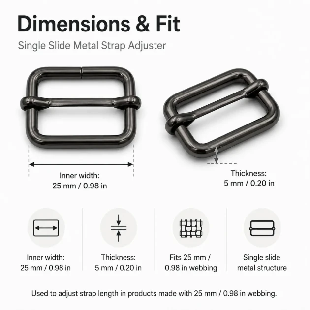 2.5 cm / 25 mm / 0.98 in Single Slide Metal Strap Adjuster Buckle for adjustable straps and webbing