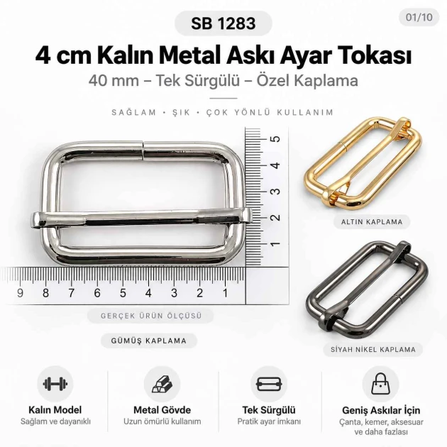 40 mm Heavy Metal Strap Adjuster Single Slide Buckle made of high-strength zamak metal, ideal for bag and backpack strap