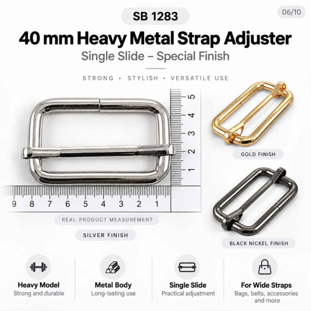40 mm Heavy Metal Strap Adjuster Single Slide Buckle made of high-strength zamak metal, ideal for bag and backpack strap