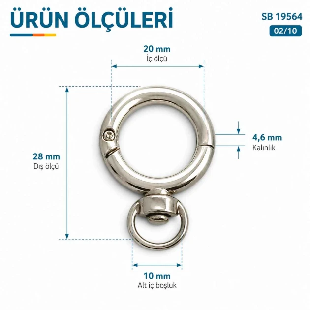 2 cm döner yaylı anahtarlık halkası, 10 mm alt bağlantılı çanta halkası SB 19564, metal zamak malzeme ile dayanıklı ve