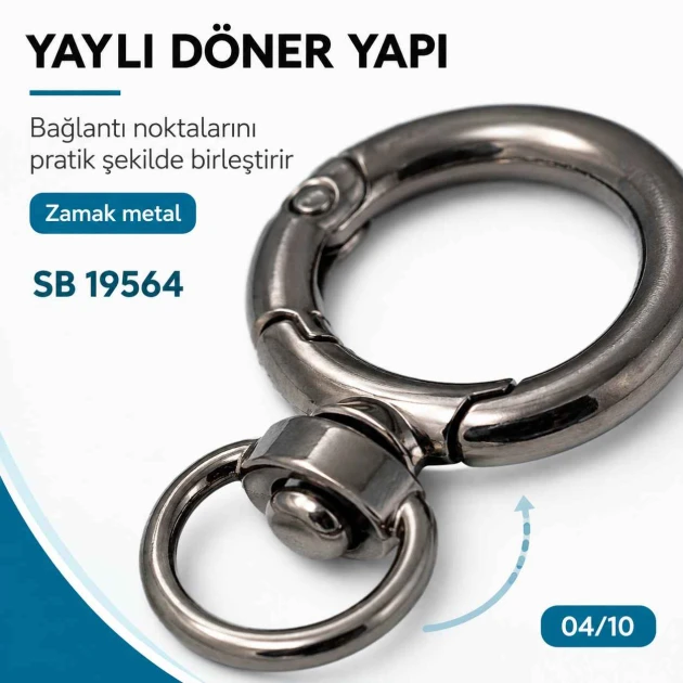 2 cm döner yaylı anahtarlık halkası, 10 mm alt bağlantılı çanta halkası SB 19564, metal zamak malzeme ile dayanıklı ve