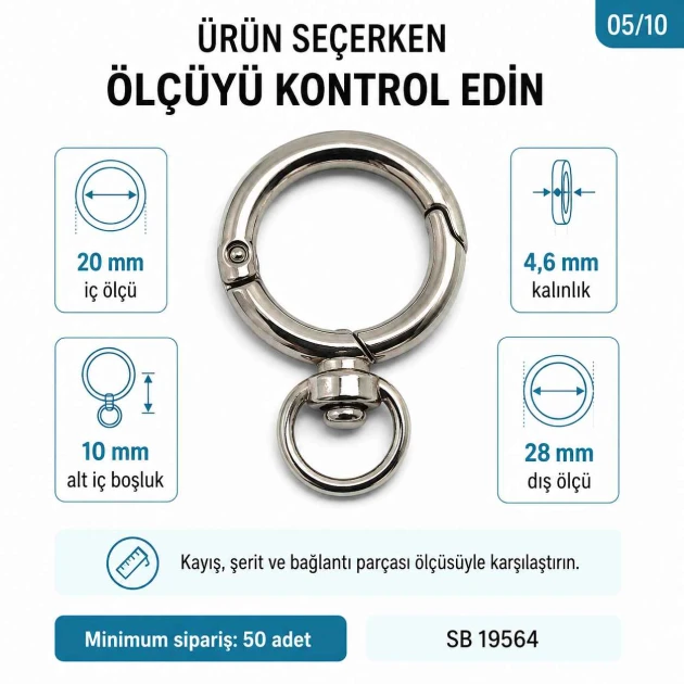 2 cm döner yaylı anahtarlık halkası, 10 mm alt bağlantılı çanta halkası SB 19564, metal zamak malzeme ile dayanıklı ve