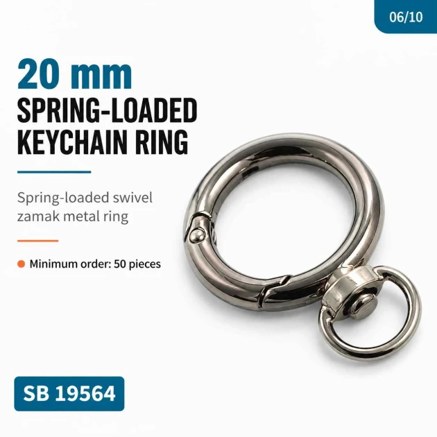 2 cm döner yaylı anahtarlık halkası, 10 mm alt bağlantılı çanta halkası SB 19564, metal zamak malzeme ile dayanıklı ve