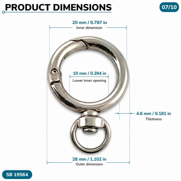 2 cm döner yaylı anahtarlık halkası, 10 mm alt bağlantılı çanta halkası SB 19564, metal zamak malzeme ile dayanıklı ve
