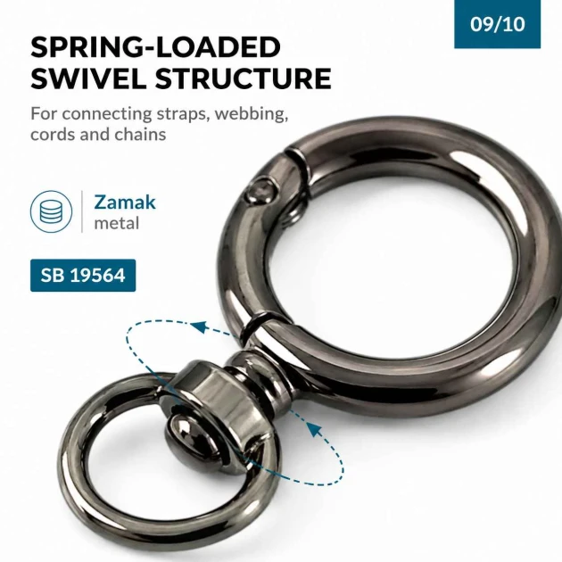 2 cm döner yaylı anahtarlık halkası, 10 mm alt bağlantılı çanta halkası SB 19564, metal zamak malzeme ile dayanıklı ve