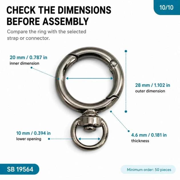 2 cm döner yaylı anahtarlık halkası, 10 mm alt bağlantılı çanta halkası SB 19564, metal zamak malzeme ile dayanıklı ve