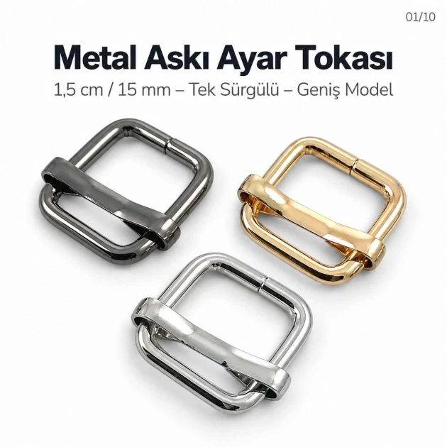 1.5 cm Metal Askı Ayar Tokası Tek Sürgülü Geniş Model Özel Kaplama SB 25518