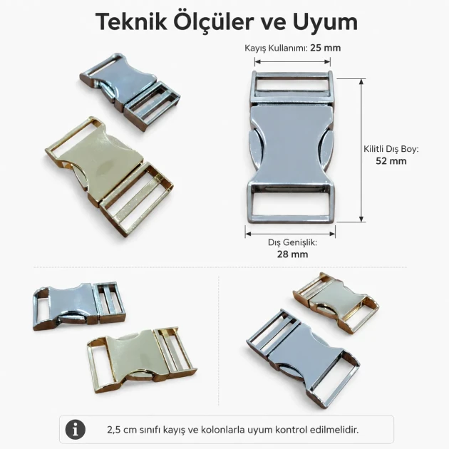 Palaska Tokası 2,5 cm Geçmeli Zamak Toka, metal alaşım, güvenli bağlantı çözümü, kemer ve iş giysileri için ideal