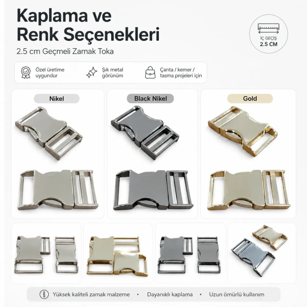 Palaska Tokası 2,5 cm Geçmeli Zamak Toka, metal alaşım, güvenli bağlantı çözümü, kemer ve iş giysileri için ideal
