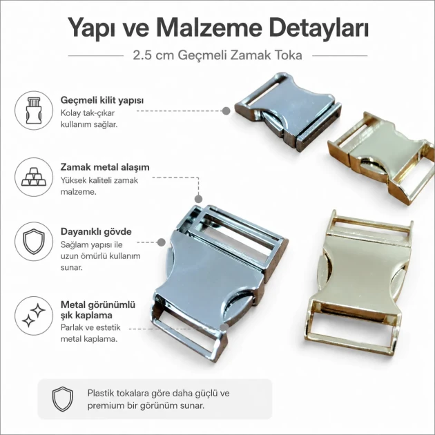 Palaska Tokası 2,5 cm Geçmeli Zamak Toka, metal alaşım, güvenli bağlantı çözümü, kemer ve iş giysileri için ideal