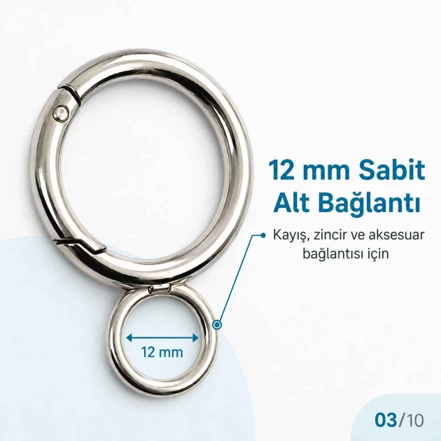2,5 cm sabit yaylı anahtarlık halkası, 12 mm alt bağlantılı çanta halkası, zamak metal gövde ile çeşitli tekstil