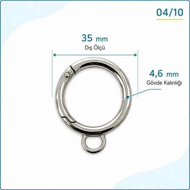 2,5 cm sabit yaylı anahtarlık halkası, 12 mm alt bağlantılı çanta halkası, zamak metal gövde ile çeşitli tekstil