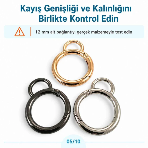 2,5 cm sabit yaylı anahtarlık halkası, 12 mm alt bağlantılı çanta halkası, zamak metal gövde ile çeşitli tekstil