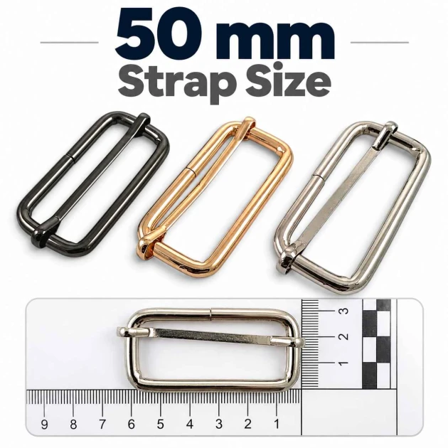 50 mm Metal Strap Adjuster Single Slide Buckle with Special Finish for Bags and Textile Products