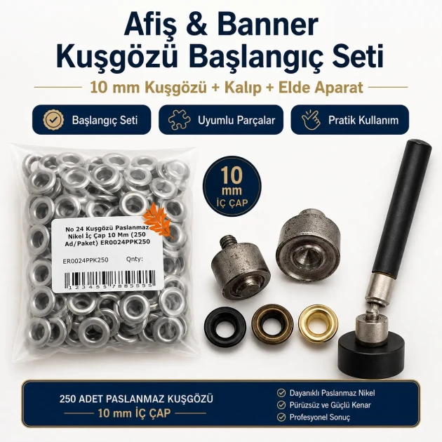 Afiş & Banner Kuşgözü Başlangıç Seti – 10 mm Kuşgözü, Kalıp ve Elde Aparat Dahil BANNER-10MM-SET05