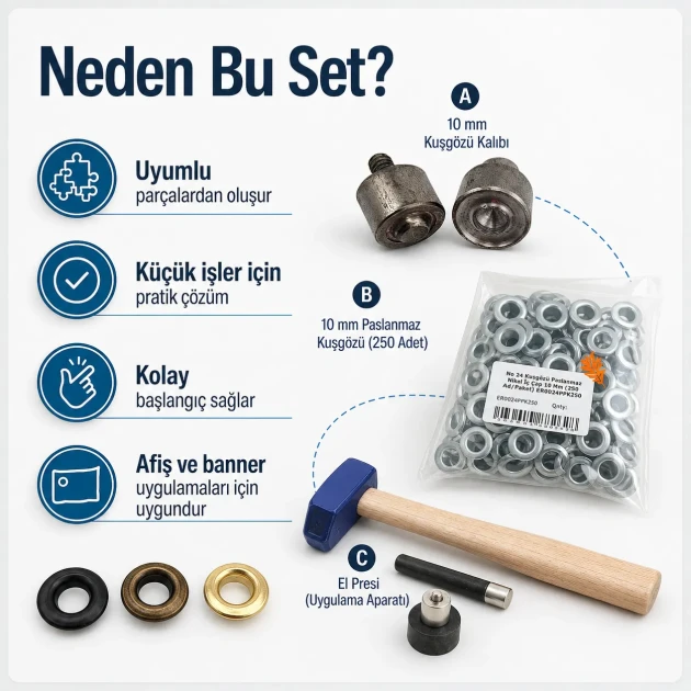 Afiş & Banner Kuşgözü Başlangıç Seti – 10 mm Kuşgözü, Kalıp ve Elde Aparat Dahil BANNER-10MM-SET05