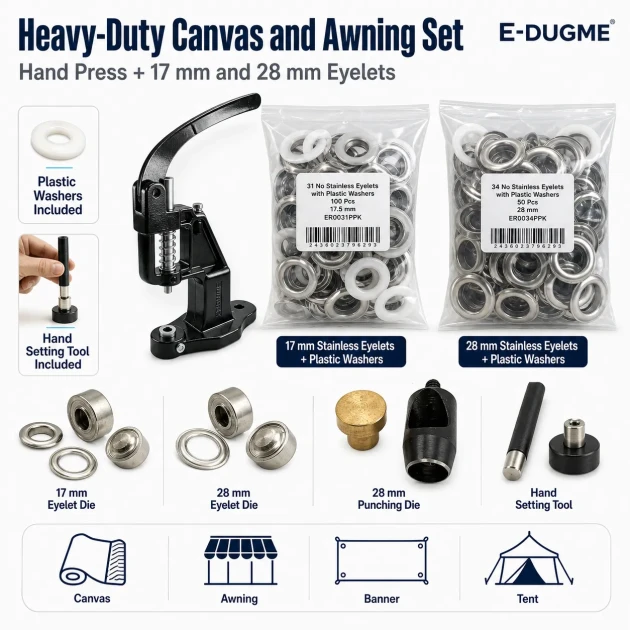 Heavy-Duty Canvas and Awning Eyelet Set with Hand Press – 17 mm and 28 mm Eyelets Included BRANDA-HEAVY-SET03