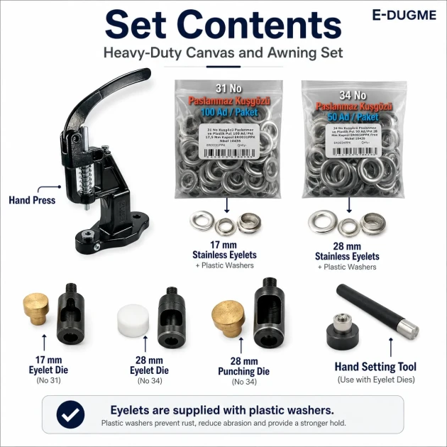 Heavy-Duty Canvas and Awning Eyelet Set with Hand Press – 17 mm and 28 mm Eyelets Included BRANDA-HEAVY-SET03