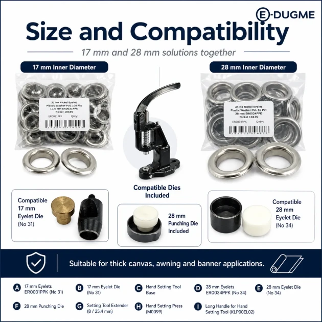 Heavy-Duty Canvas and Awning Eyelet Set with Hand Press – 17 mm and 28 mm Eyelets Included BRANDA-HEAVY-SET03