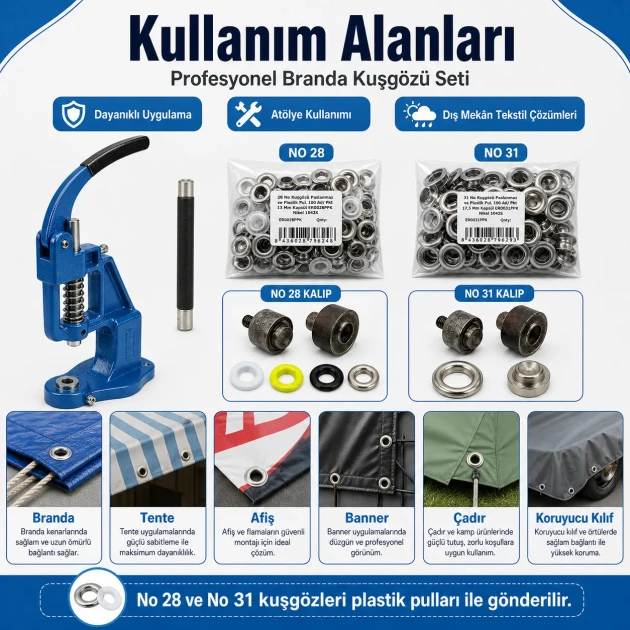 Profesyonel Branda Kuşgözü Seti – No 28 ve No 31 Kuşgözü, Pres ve Kalıplar Dahil - BRANDA-PRO-SET02