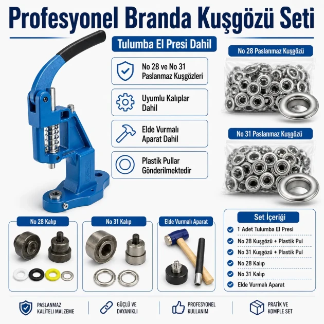 Profesyonel Branda Kuşgözü Seti – No 28 ve No 31 Kuşgözü, Pres ve Kalıplar Dahil - BRANDA-PRO-SET02